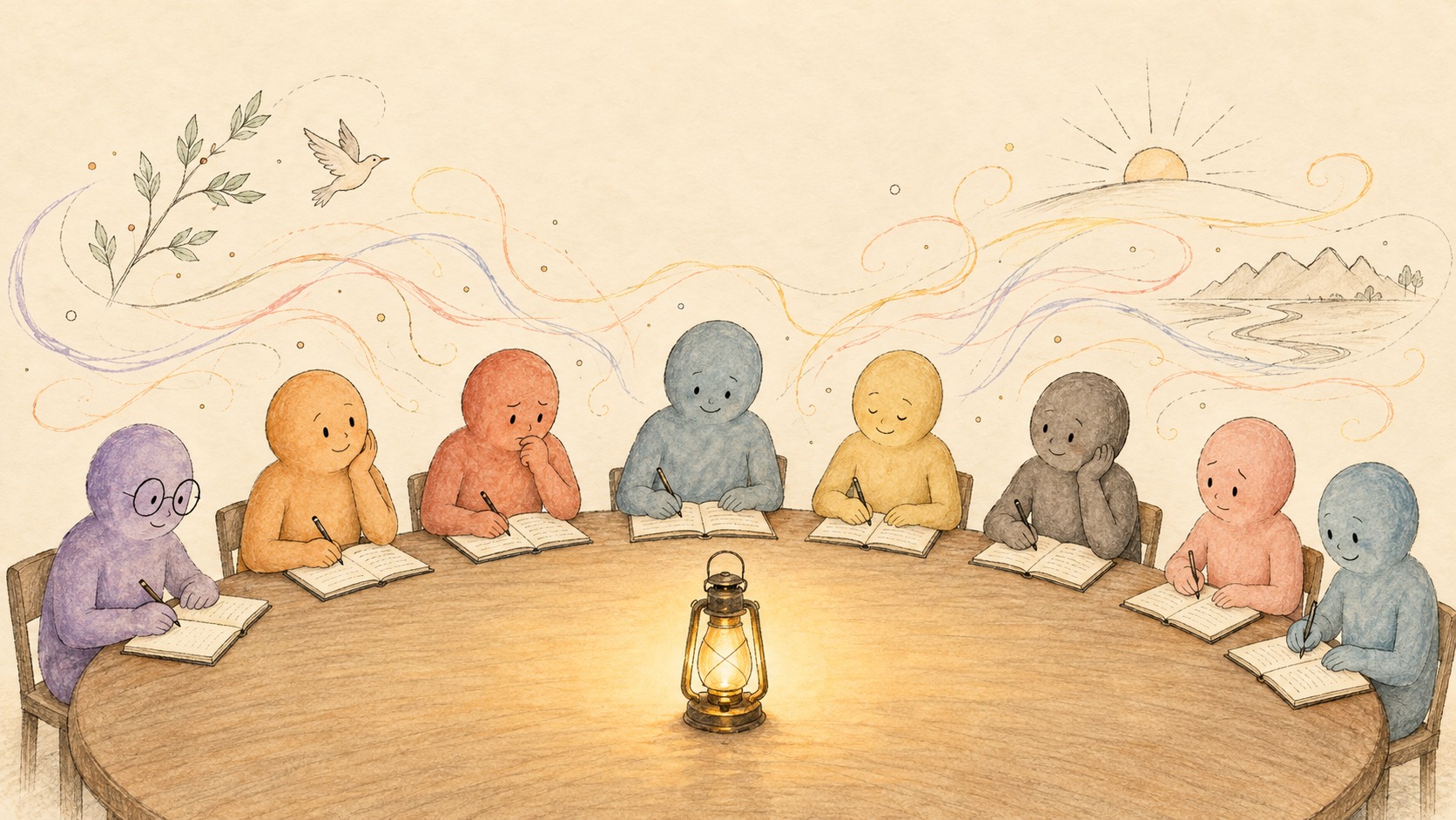 Coloured parts writing in their journals around a table and glowing lantern