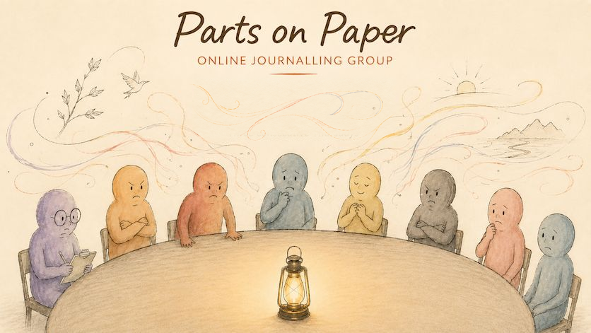 Parts on Paper online journalling group: coloured figures around a table with a glowing lantern