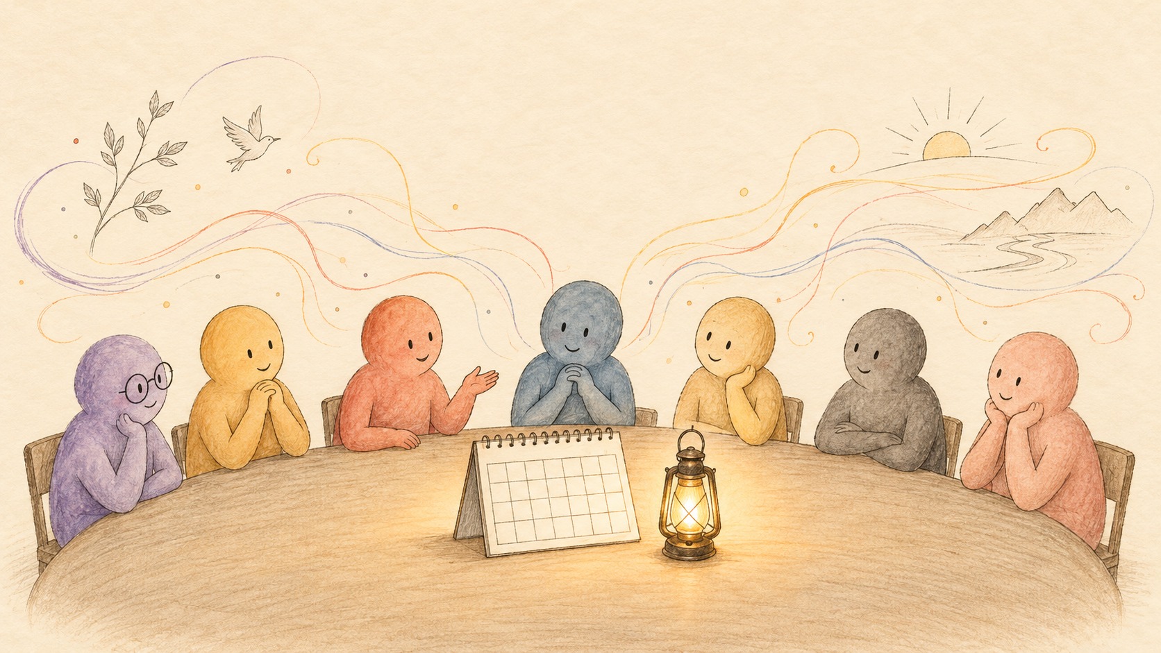 Coloured parts gathered around a calendar and glowing lantern