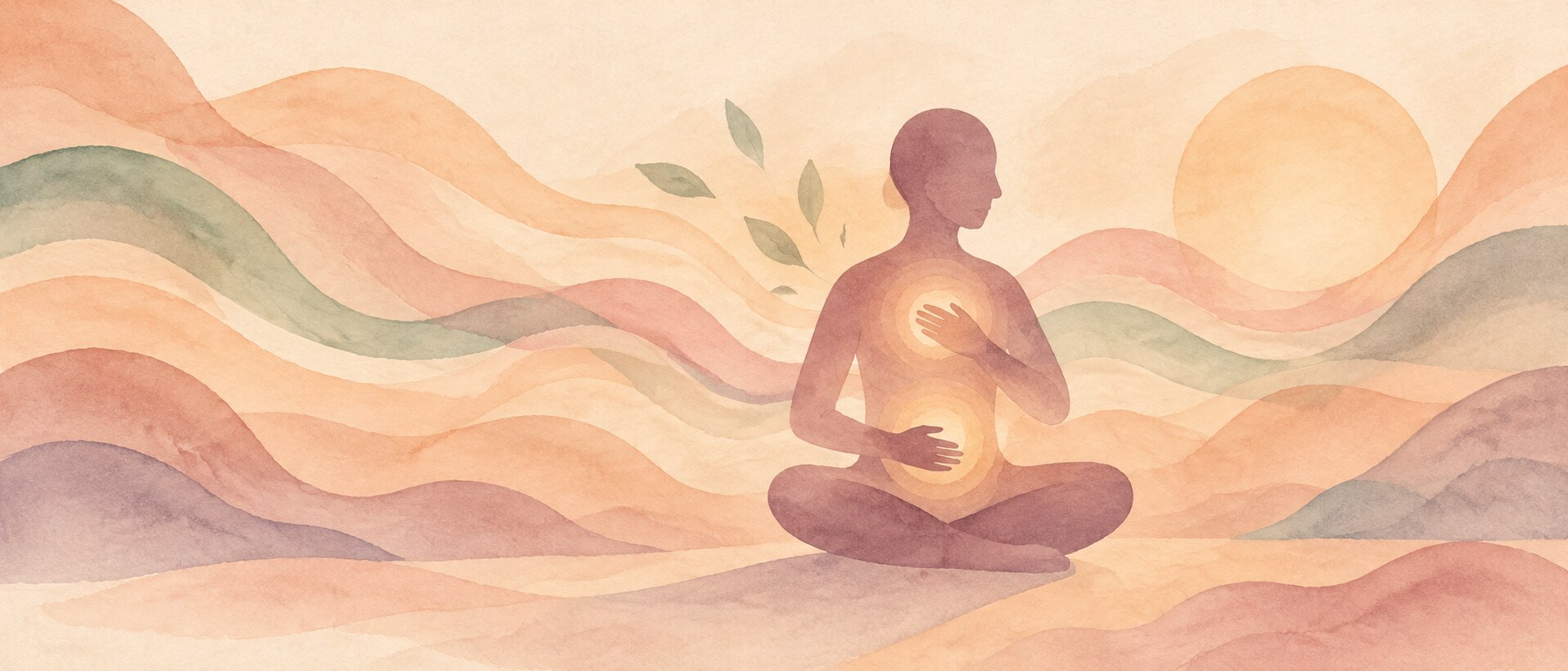Seated figure with hands resting on heart and belly, surrounded by soft flowing waves in warm watercolour tones